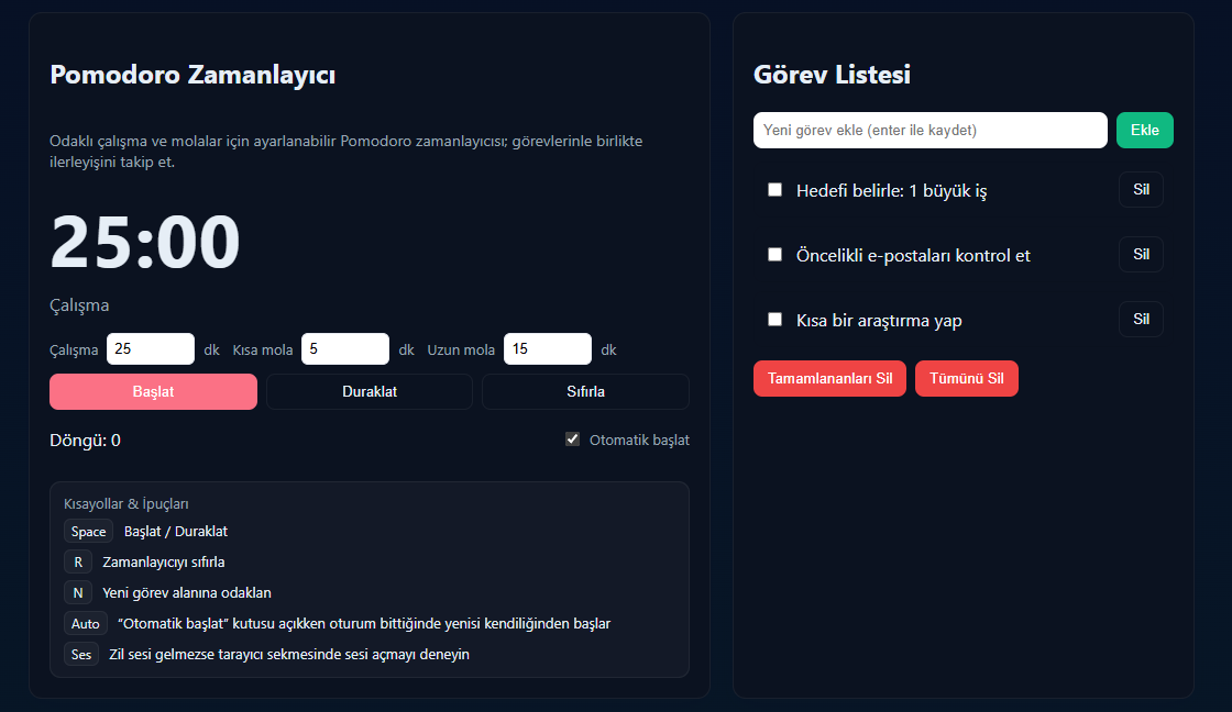 Mini Productivity - Pomodoro + Görev Listesi